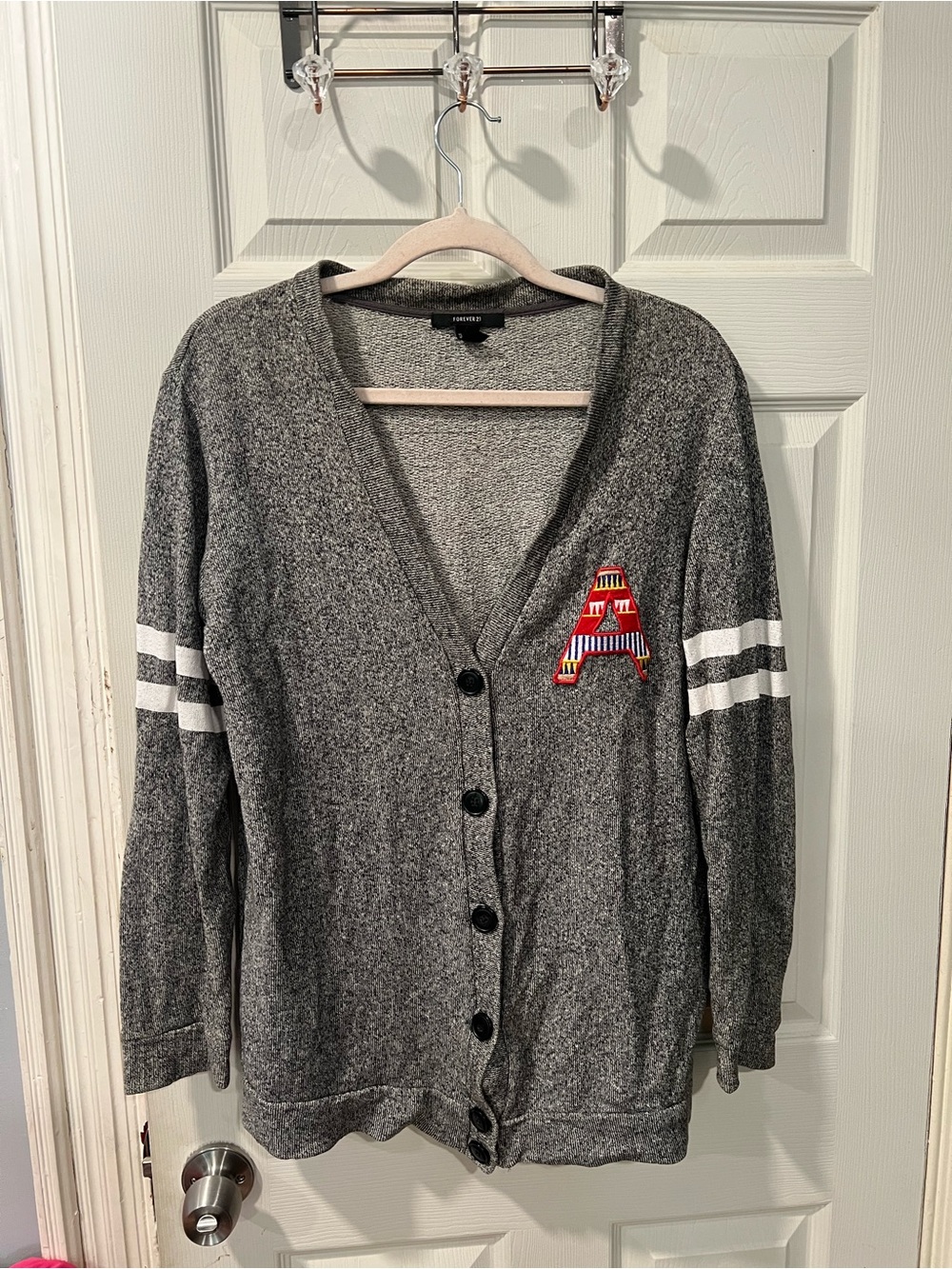 Forever 21 Gray V-Neck Button Cardigan with Striped Sleeves & Appliqué